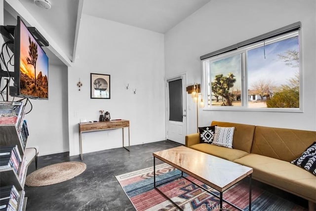 living room featuring a towering ceiling