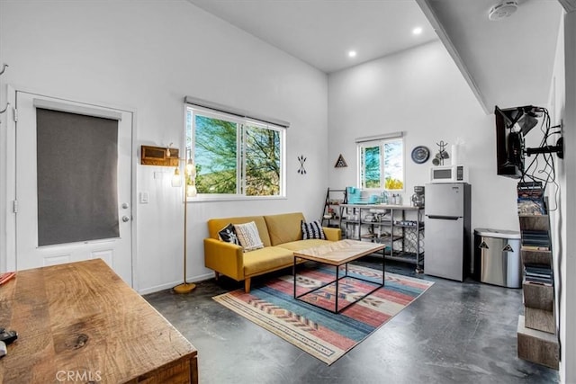 living room featuring a towering ceiling