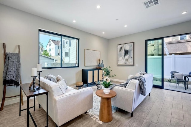 living room with a healthy amount of sunlight and light hardwood / wood-style flooring