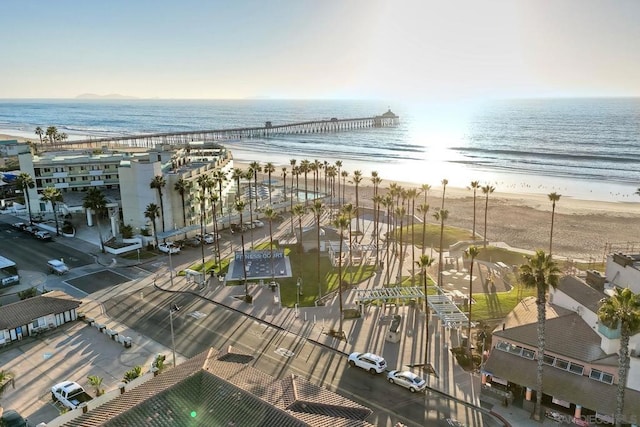 bird's eye view with a water view and a beach view