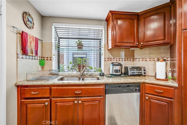 14326 Chandler Blvd Unit 5, Sherman Oaks, CA 91401 - kitchen featuring stainless steel dishwasher, a toaster, light stone counters, a sink, and backsplash