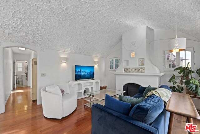 living room with lofted ceiling and hardwood / wood-style floors