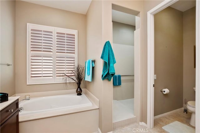 bathroom with toilet, a washtub, and vanity