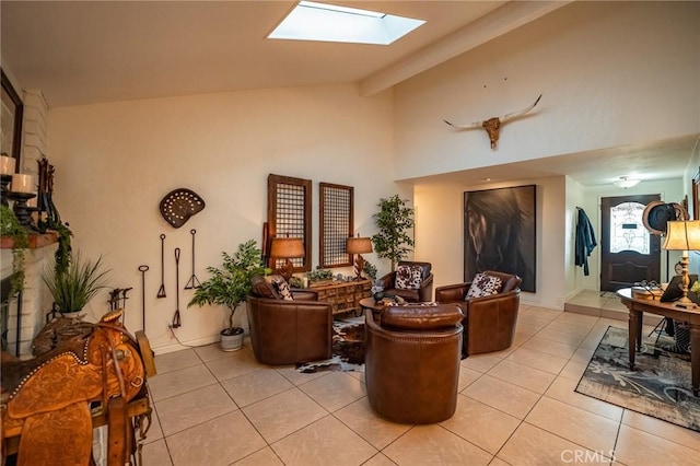 tiled living room with lofted ceiling with skylight