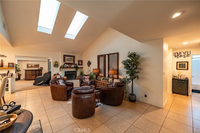 living room featuring light tile patterned floors and vaulted ceiling