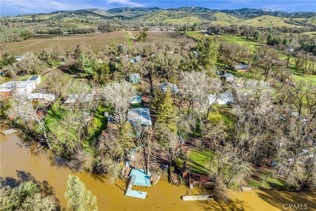 birds eye view of property with a water and mountain view