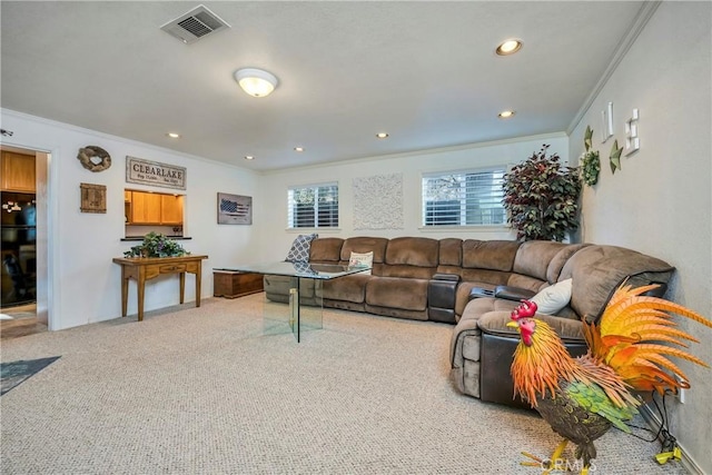 living room featuring light colored carpet and crown molding