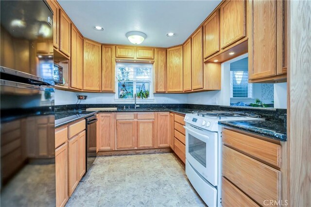 kitchen featuring sink, gas range gas stove, plenty of natural light, and dark stone countertops