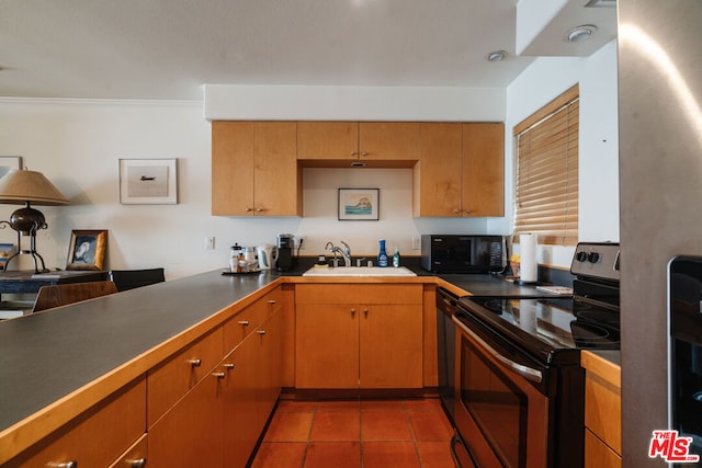 kitchen with stainless steel range with electric stovetop, light tile patterned floors, ornamental molding, and sink