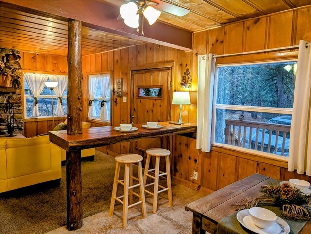 interior space with wooden ceiling, wooden walls, and ceiling fan