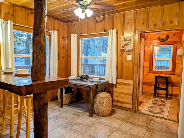 interior space with wooden ceiling, wooden walls, and ceiling fan