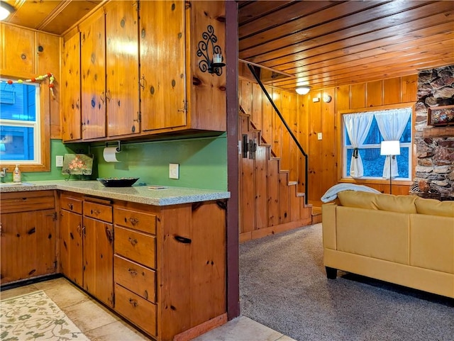 kitchen with light carpet, wood ceiling, and wood walls