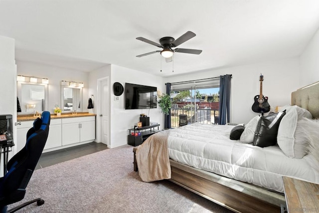 bedroom with ceiling fan and access to exterior