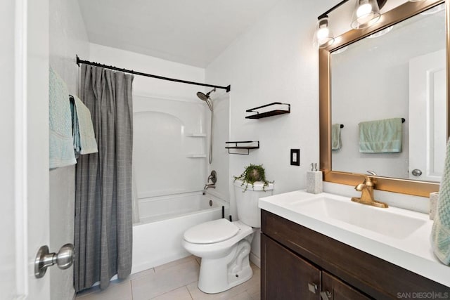 full bathroom with toilet, tile patterned flooring, shower / bath combo, and vanity