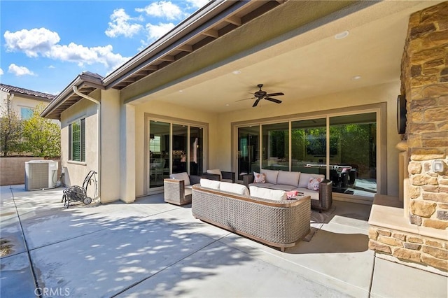 view of patio / terrace featuring an outdoor hangout area, ceiling fan, and central air condition unit