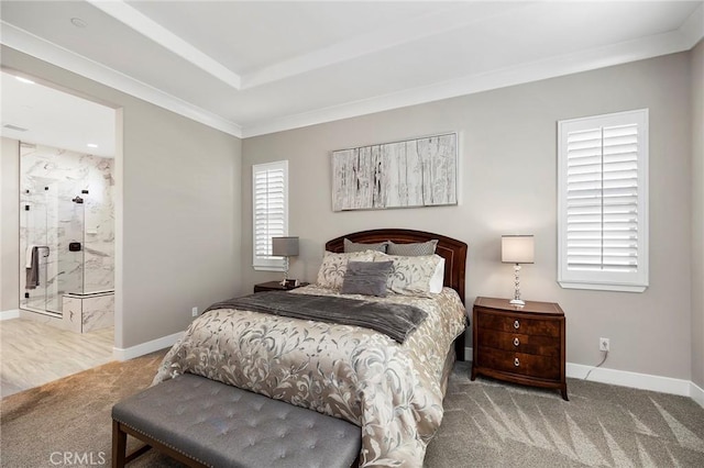 carpeted bedroom with crown molding