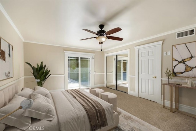 bedroom with access to exterior, crown molding, ceiling fan, and carpet flooring