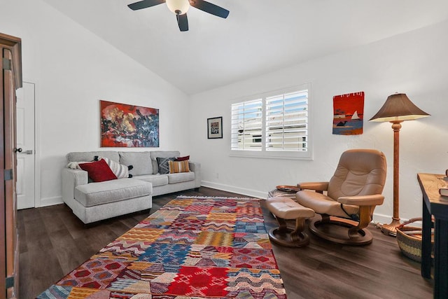 living room with ceiling fan, dark hardwood / wood-style floors, and lofted ceiling