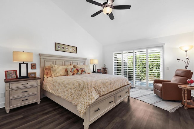 bedroom featuring ceiling fan, high vaulted ceiling, access to outside, and dark wood-type flooring