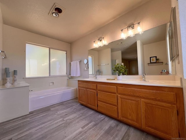 bathroom featuring hardwood / wood-style flooring, vanity, and a bath