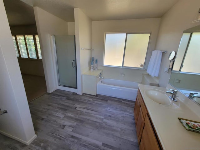 bathroom featuring plus walk in shower, hardwood / wood-style flooring, and vanity