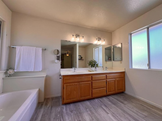 bathroom featuring a bathing tub, hardwood / wood-style floors, and vanity