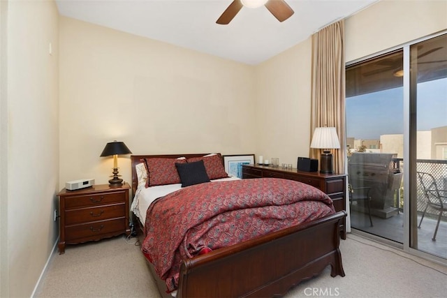 bedroom featuring ceiling fan, access to exterior, and light colored carpet