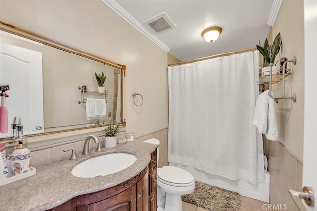 full bathroom with tile patterned floors, vanity, shower / tub combo, toilet, and crown molding