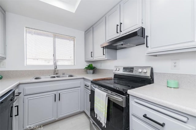 kitchen with stainless steel range with electric cooktop, dishwashing machine, white cabinets, and sink