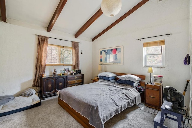 carpeted bedroom with high vaulted ceiling, multiple windows, and beamed ceiling