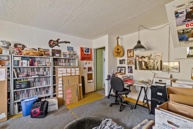 office space with light carpet and a textured ceiling