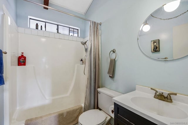 full bathroom featuring toilet, vanity, and shower / bath combination with curtain