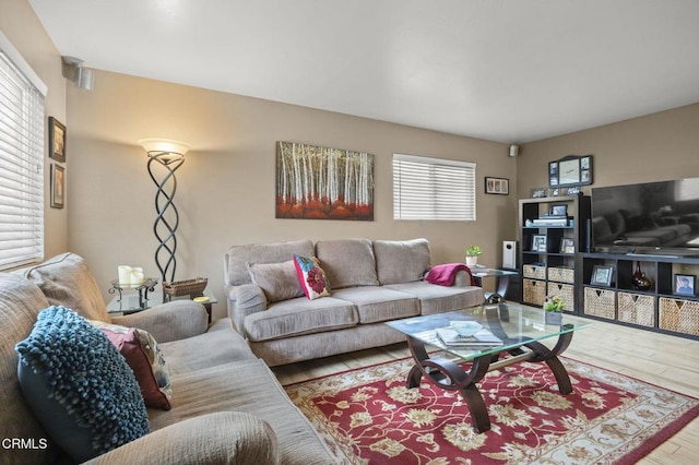 living room with a healthy amount of sunlight and hardwood / wood-style flooring