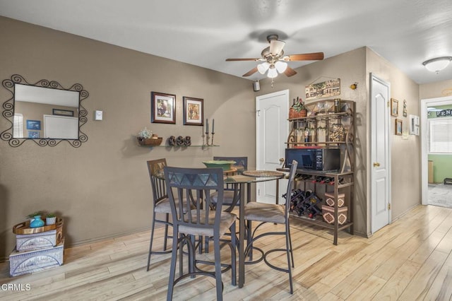 dining room with ceiling fan and light hardwood / wood-style floors