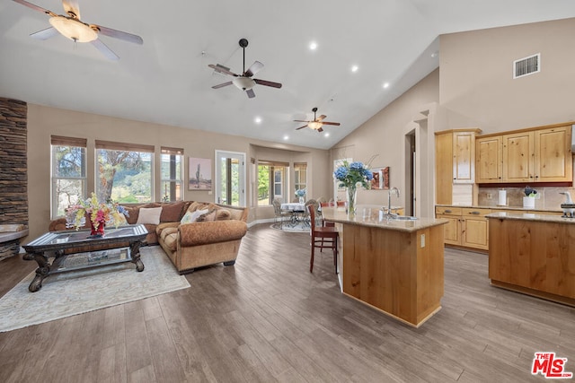 kitchen featuring light hardwood / wood-style floors, sink, an island with sink, high vaulted ceiling, and light brown cabinetry