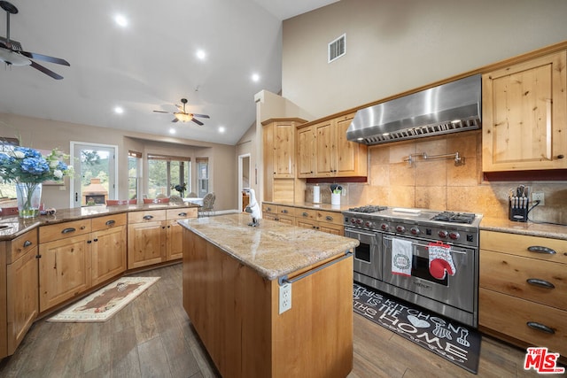 kitchen featuring double oven range, an island with sink, ventilation hood, decorative backsplash, and dark wood-type flooring