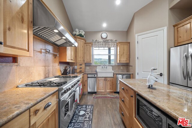 kitchen with tasteful backsplash, dark hardwood / wood-style floors, sink, appliances with stainless steel finishes, and wall chimney exhaust hood