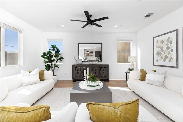 living room featuring ceiling fan and wood-type flooring