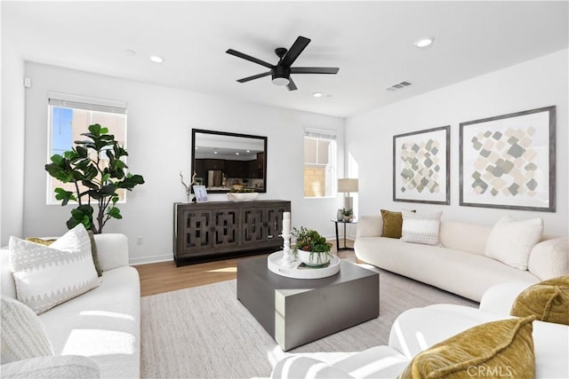 living room featuring ceiling fan and light hardwood / wood-style flooring