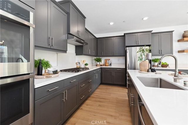 kitchen featuring light wood-type flooring, appliances with stainless steel finishes, and sink