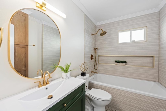 full bathroom with vanity, tiled shower / bath combo, ornamental molding, and toilet