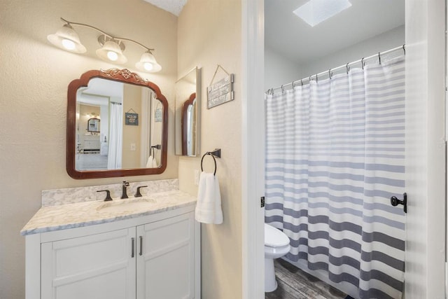 bathroom with toilet, a skylight, wood-type flooring, and vanity