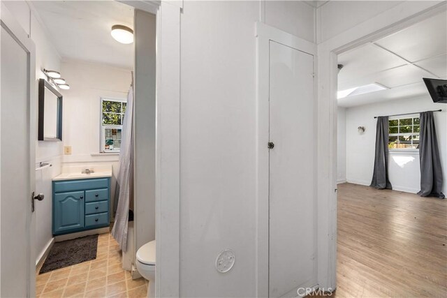 bathroom with toilet, hardwood / wood-style floors, and vanity