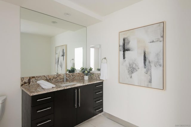 bathroom with toilet, tile patterned flooring, and vanity