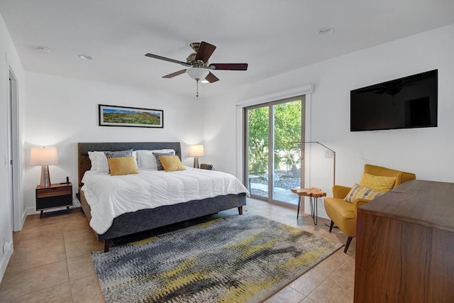 bedroom with light tile patterned floors, access to outside, and ceiling fan