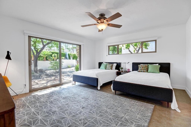 bedroom with multiple windows, tile patterned flooring, access to outside, and ceiling fan