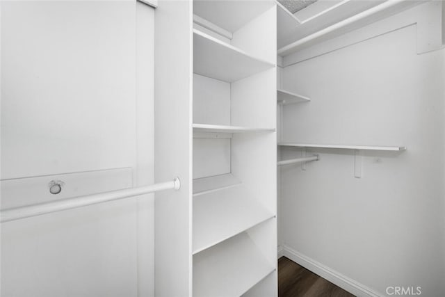 walk in closet with dark hardwood / wood-style floors