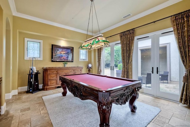 game room featuring french doors, pool table, and crown molding