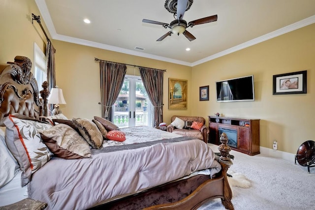 bedroom featuring ceiling fan, crown molding, access to exterior, and light carpet