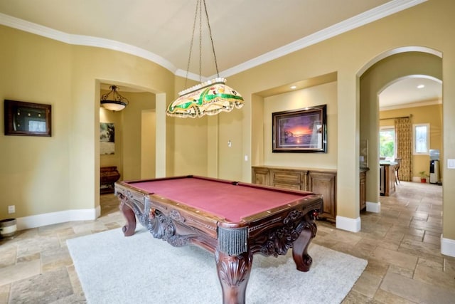 rec room featuring billiards and crown molding